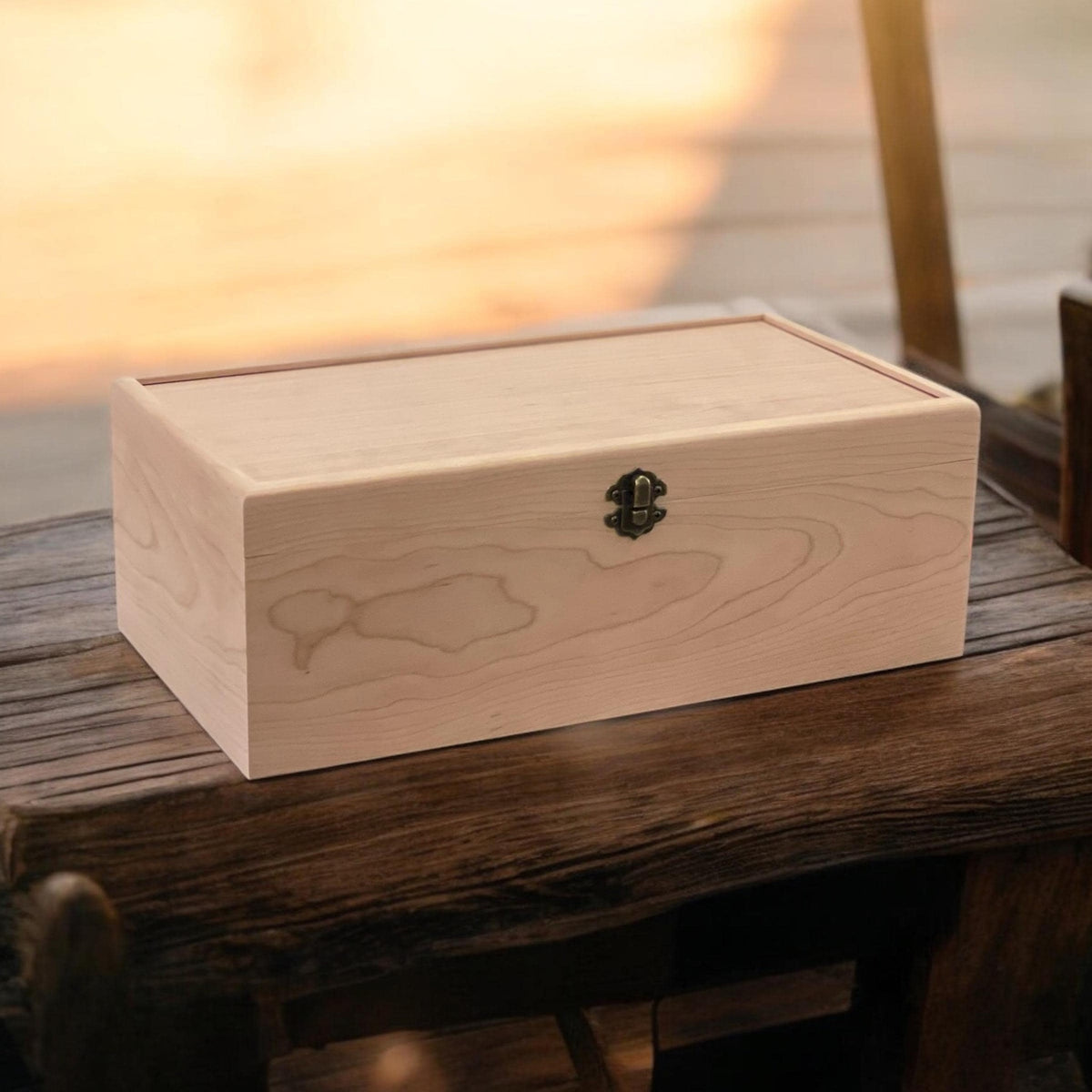 Maple slim 4-row wooden card storage box, 13⅜ x 7⅛ x 4¾ in, lid closed with front latch, no engraving (front view)
