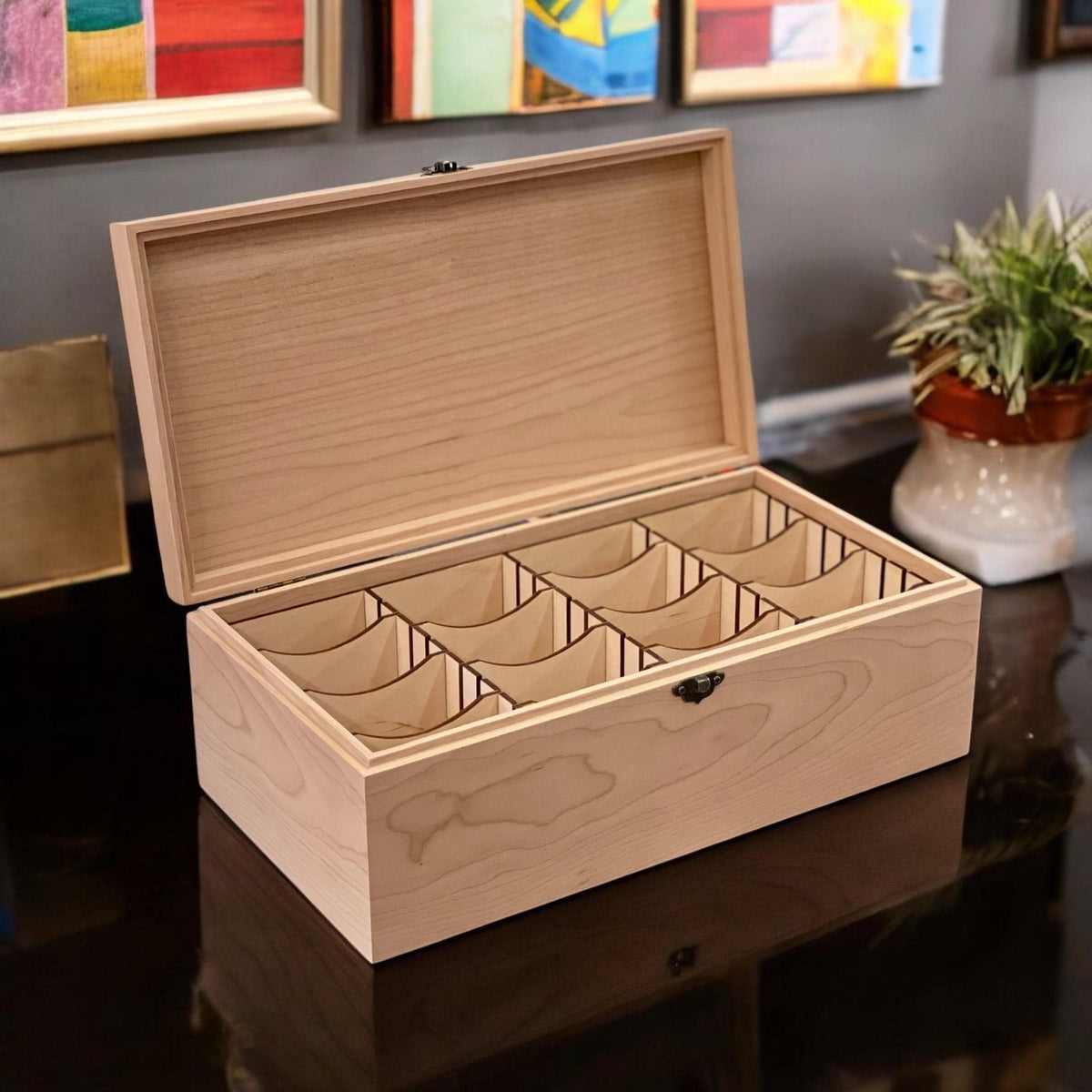 Maple slim 4-row wooden card storage box, 13⅜ x 7⅛ x 4¾ in, open and empty showing 4 rows with 12 dividers, no engraving
