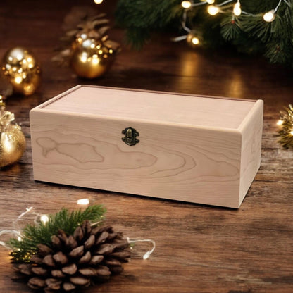 Maple slim 4-row wooden card storage box, 13⅜ x 7⅛ x 4¾ in, lid closed with front latch, no engraving, holiday table setting