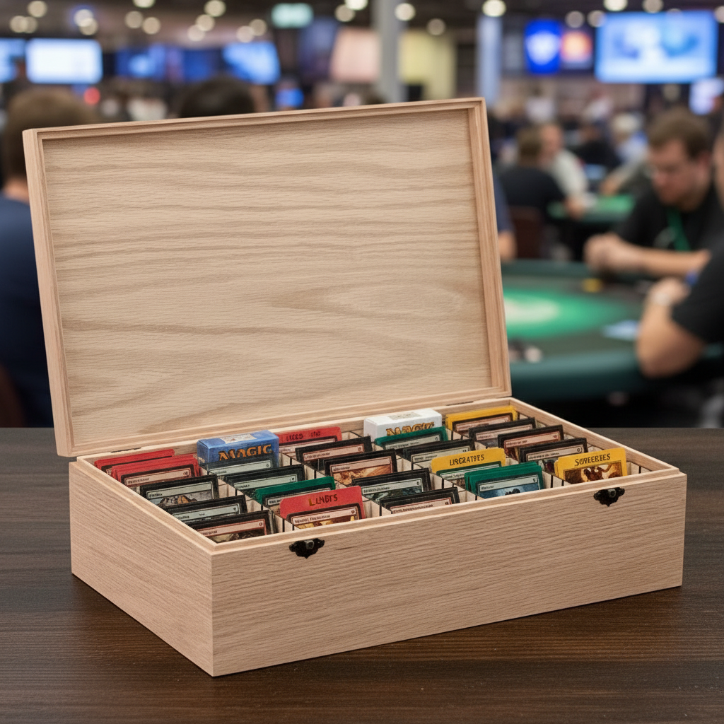 Wooden MTG deck box with a blurred background of people at a MTG tournament and screens.