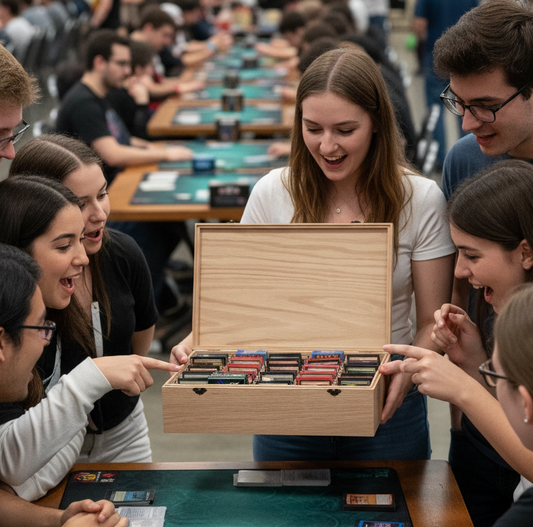 Group of people gathered around a table with a wooden box containing MTG cards, in an indoor setting.