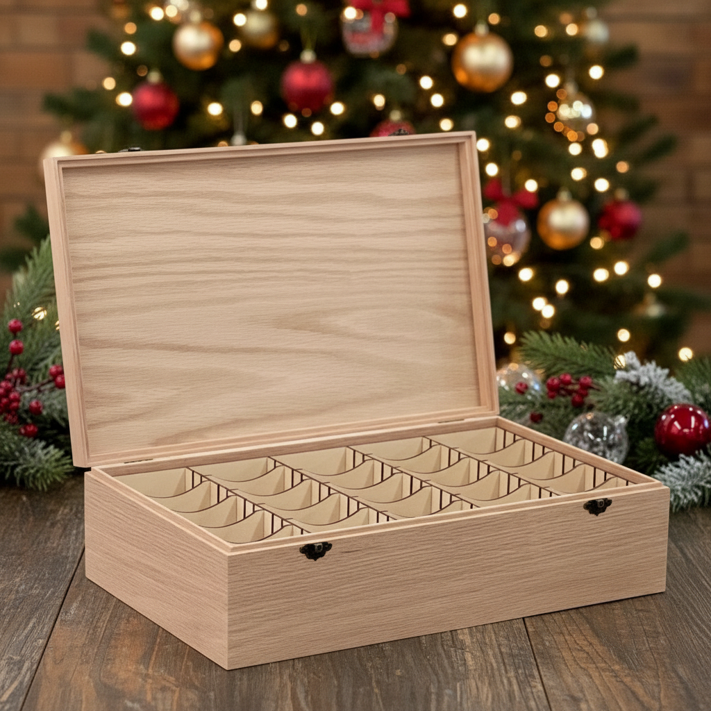 Wooden trading card box with compartments in front of a decorated Christmas tree.