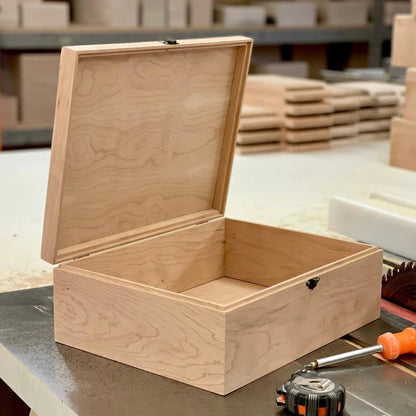 Large unfinished wooden box with hinged lid and spacious interior