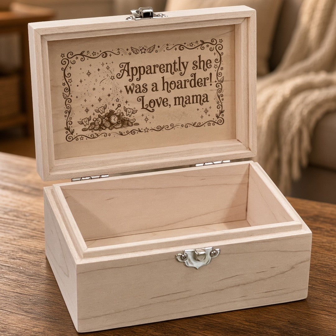 Open maple tooth fairy box with inside lid engraved "Apparently she was a hoarder! Love, mama", hinges and front latch (example engraving)