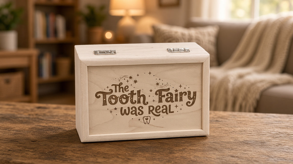 Maple tooth fairy box, 6 x 4 x 3, lid engraved "The Tooth Fairy was real" with stars and a tooth, nickel hinges (example engraving)