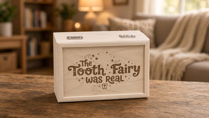 Maple tooth fairy box, 6 x 4 x 3, lid engraved "The Tooth Fairy was real" with stars and a tooth, nickel hinges (example engraving)
