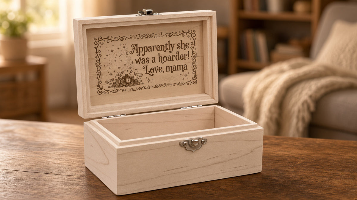 Open maple tooth fairy box with inside lid engraved "Apparently she was a hoarder! Love, mama", hinges and front latch (example engraving)