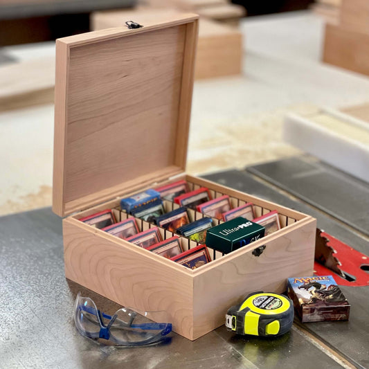 Wooden Trading Card Storage Box | Includes 12 Removable Dividers | Fits up to 1125 Sleeved Cards | Handmade (Box Shown in Cherry)