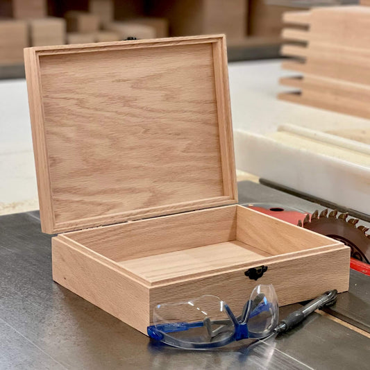Wooden Box with Hinged Lid | Small Unfinished Wood Box | Custom Engravings | 10x8x3 | Box Shown in Oak