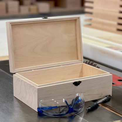 Wooden Box with Hinged Lid | Handmade Unfinished Wood Box | Custom Engravings | 10 x 6 x 3 3/4 | Box Shown in Maple - The Designcraft Studio