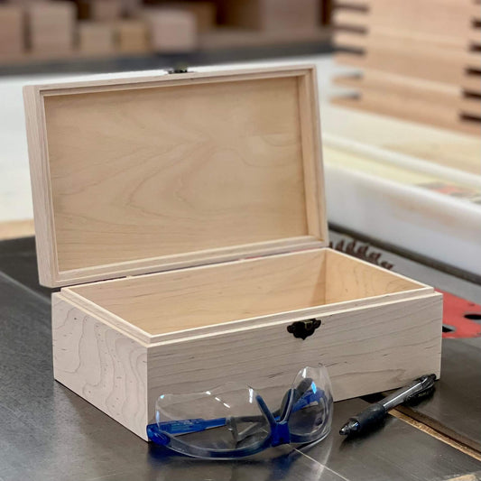 Wooden Box with Hinged Lid | Handmade Unfinished Wood Box | Custom Engravings | 10 x 6 x 3 3/4 | Box Shown in Maple