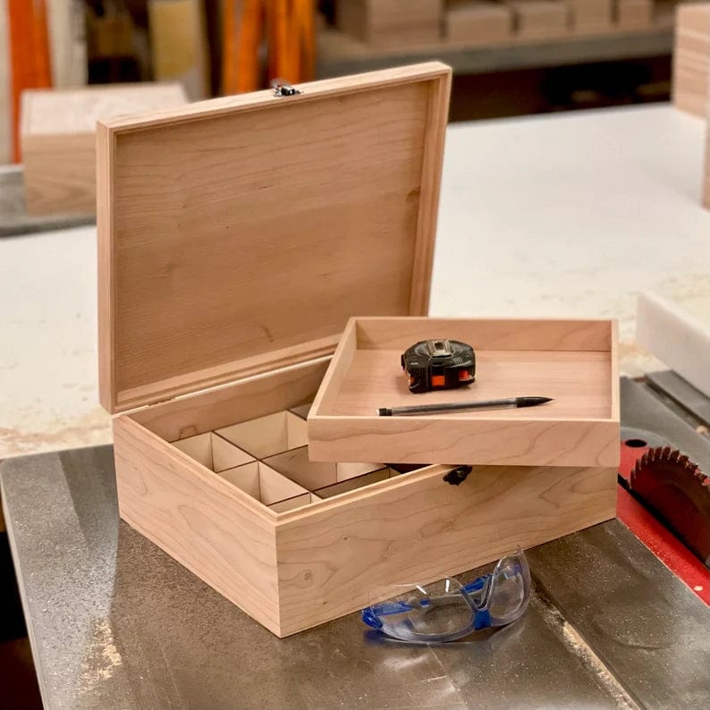 The Designcraft Studio Boxes with trays Large Unfinished Wood Box with Lid & Tray | 12 Removable Compartments | Engravable Wooden Box | Personalized | Handcrafted Wood Storage Box