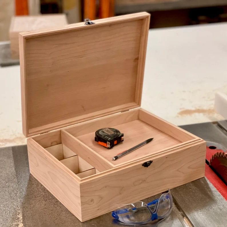 The Designcraft Studio Boxes with trays Large Unfinished Wood Box with Lid & Tray | 12 Removable Compartments | Engravable Wooden Box | Personalized | Handcrafted Wood Storage Box