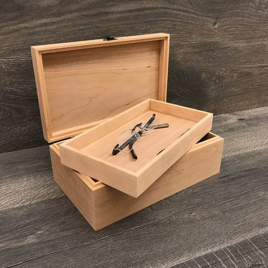 The Designcraft Studio Boxes with trays Unfinished Wood Box with Hinges & Tray-10 x 6 x 3 3/4-handmade gifts-memory boxes-engravable wood box-personalized boxes-small jewelry box