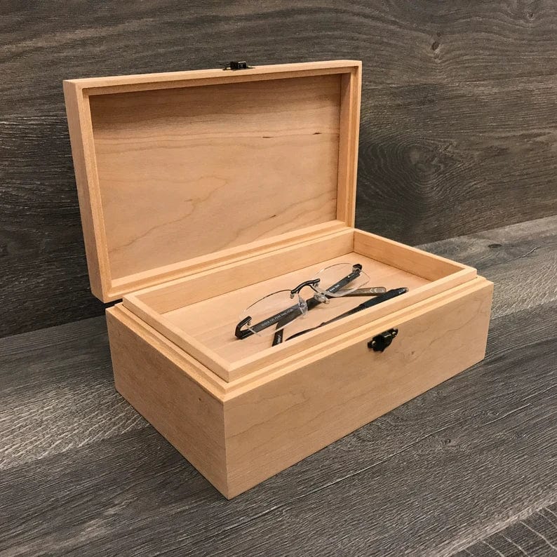 The Designcraft Studio Boxes with trays Unfinished Wood Box with Hinges & Tray-10 x 6 x 3 3/4-handmade gifts-memory boxes-engravable wood box-personalized boxes-small jewelry box