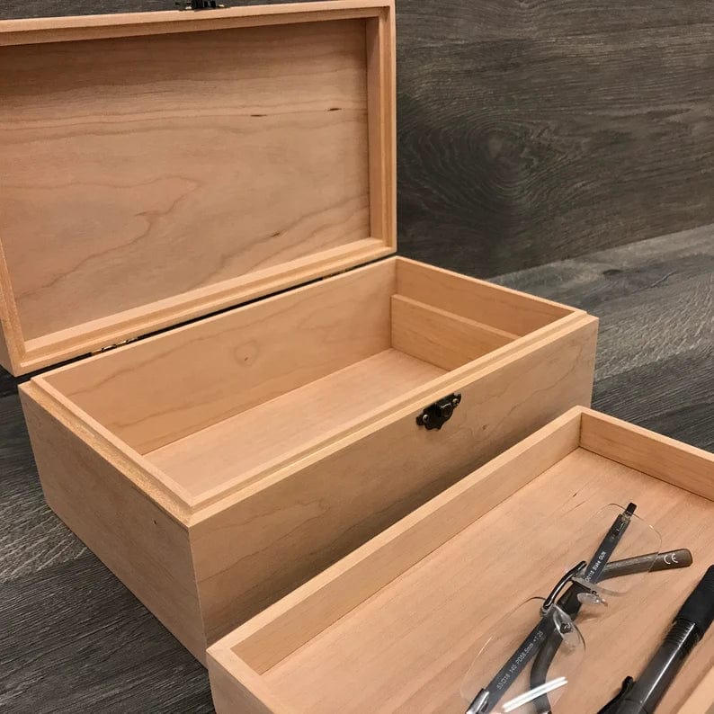 The Designcraft Studio Boxes with trays Unfinished Wood Box with Hinges & Tray-10 x 6 x 3 3/4-handmade gifts-memory boxes-engravable wood box-personalized boxes-small jewelry box