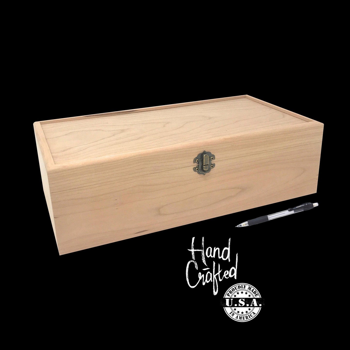 The Designcraft Studio Cherry add Latch / Gold Unfinished Wood Box with Hinges and Latch 13 3/4 x 7 1/4 x 4 - Personalized Laser Engraving Available
