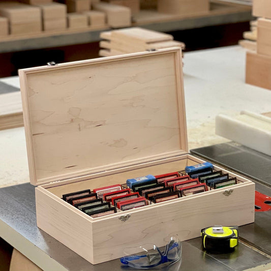 The Designcraft Studio Game Card Boxes Wooden Trading Card Deck Box | Includes 18 Removable Dividers | Space for Game Mat & Cards | Handmade (Box Shown in Maple)