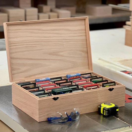 The Designcraft Studio Game Card Boxes Wooden Trading Card Deck Box | Includes 20 Removable Dividers | Fits up to 1875 Sleeved Cards | Handmade (Box Shown in Oak)