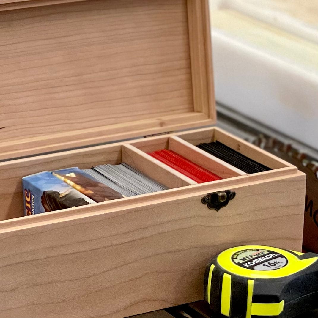 The Designcraft Studio Game Card Boxes Wooden Trading Card Deck Box with Hinged Lid | 2 Removable Dividers | Fits Up To 750 Sleeved Cards | Handmade (Box Shown in Cherry)