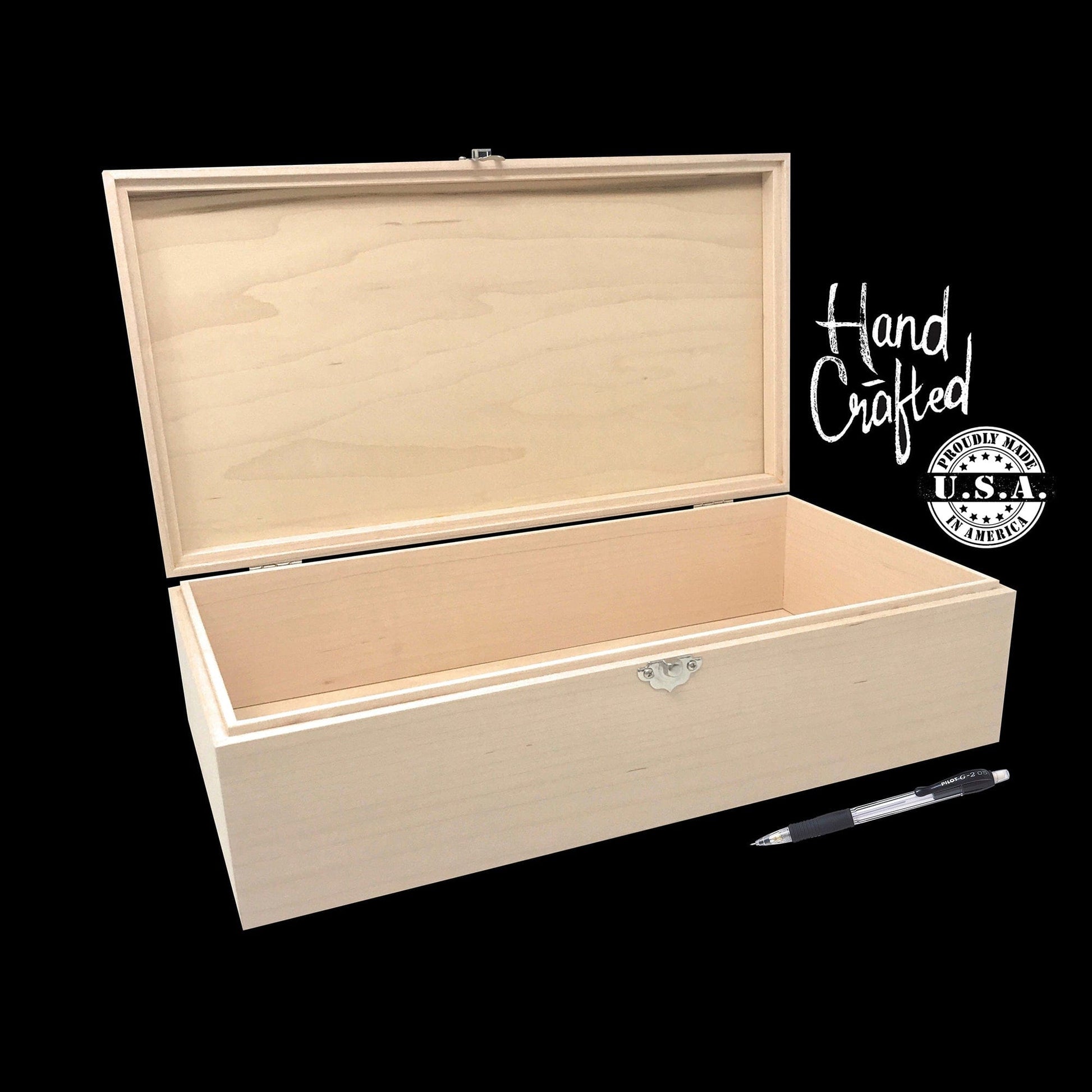 The Designcraft Studio Maple with Hinges / Gold Unfinished Wood Box with Hinges and Latch 13 3/4 x 7 1/4 x 4 - Personalized Laser Engraving Available