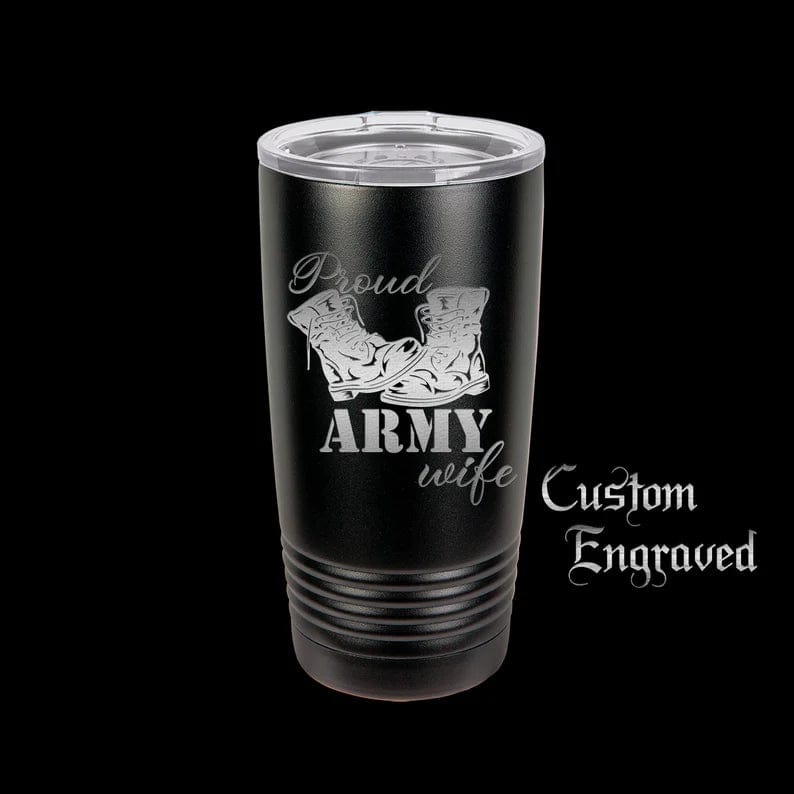 The Designcraft Studio Mugs Black Proud Army Wife Tumbler Travel Mug, Stainless Steel, Powder Coated Tumbler, Polar Camel, Engraved Coffee Mug, Personalized Tumbler