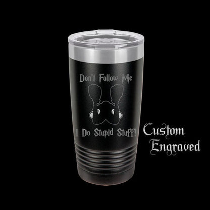 The Designcraft Studio Mugs Black with Silver Ring Dont Follow Me I Do Stupid Stuff Tumbler Travel Mug, Stainless Steel, Powder Coated Tumbler, Polar Camel, Coffee Mug, Scuba Diver Gift