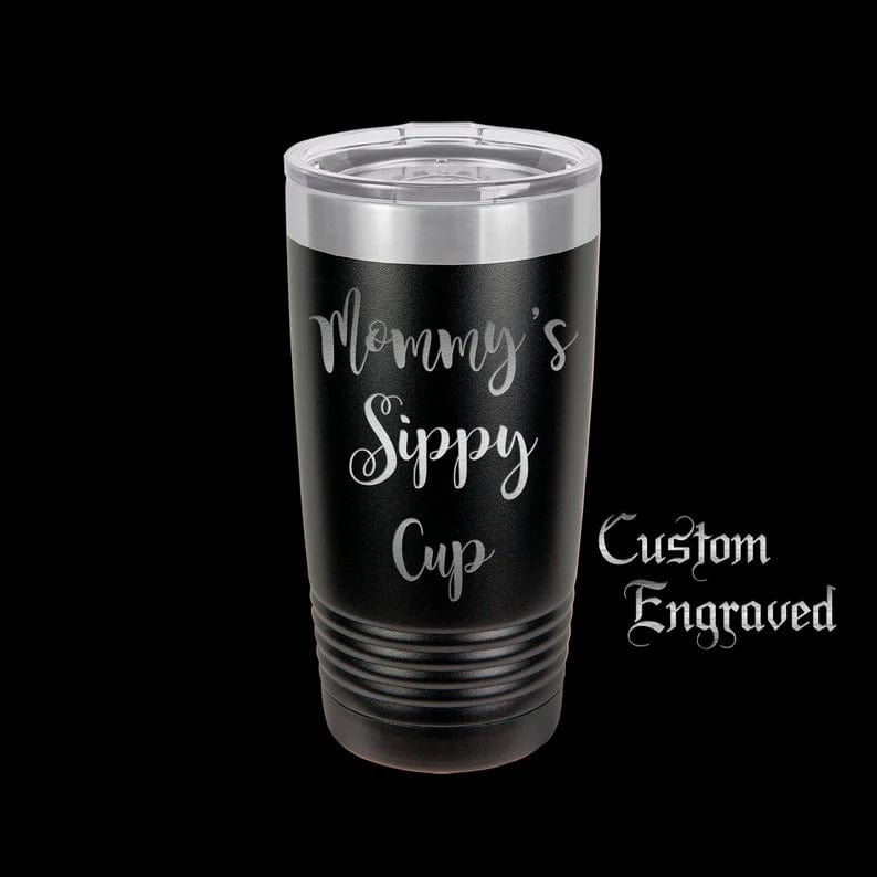 The Designcraft Studio Mugs Black with Silver Ring Mommy's Sippy Cup Travel Mug, Stainless Steel, Powder Coated Tumbler, Polar Camel, Engraved, Coffee Mug, Mom Gift