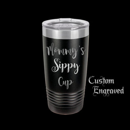 The Designcraft Studio Mugs Black with Silver Ring Mommy's Sippy Cup Travel Mug, Stainless Steel, Powder Coated Tumbler, Polar Camel, Engraved, Coffee Mug, Mom Gift