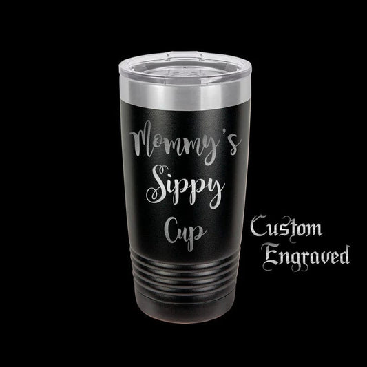 The Designcraft Studio Mugs Black with Silver Ring Mommy's Sippy Cup Travel Mug, Stainless Steel, Powder Coated Tumbler, Polar Camel, Engraved, Coffee Mug, Mom Gift