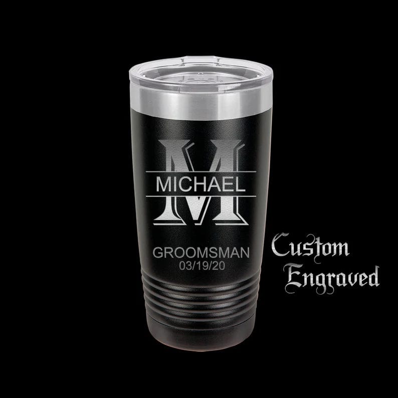 The Designcraft Studio Mugs Black with Silver Ring Personalized Tumbler Travel Mug, Stainless Steel, Powder Coated Tumbler, Polar Camel, Coffee Mug, Groomsman Gift, Custom Engraved Monogram