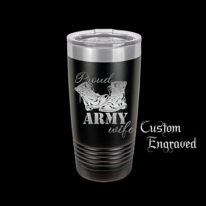 The Designcraft Studio Mugs Black with Silver Ring Proud Army Wife Tumbler Travel Mug, Stainless Steel, Powder Coated Tumbler, Polar Camel, Engraved Coffee Mug, Personalized Tumbler