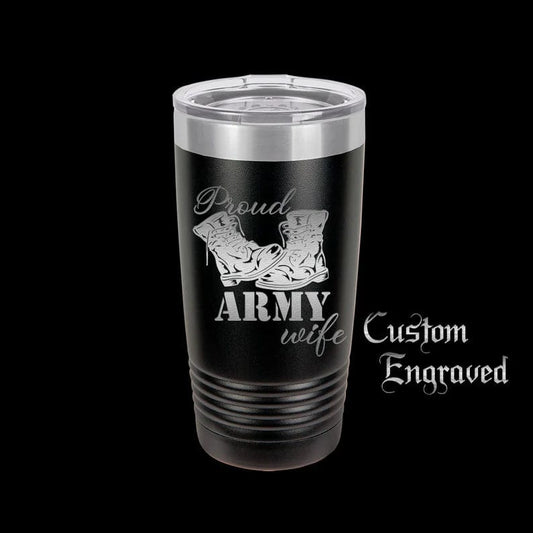The Designcraft Studio Mugs Black with Silver Ring Proud Army Wife Tumbler Travel Mug, Stainless Steel, Powder Coated Tumbler, Polar Camel, Engraved Coffee Mug, Personalized Tumbler