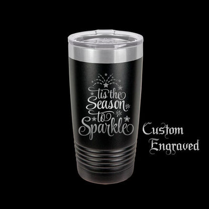 The Designcraft Studio Mugs Black with Silver Ring Tis the Season to Sparkle Travel Mug, Stainless Steel, Powder Coated, Gifts for Her, Christmas Mug, Polar Camel, Engraved, Coffee Mug