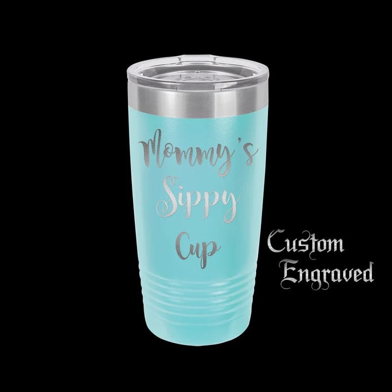 The Designcraft Studio Mugs Light Blue Mommy's Sippy Cup Travel Mug, Stainless Steel, Powder Coated Tumbler, Polar Camel, Engraved, Coffee Mug, Mom Gift