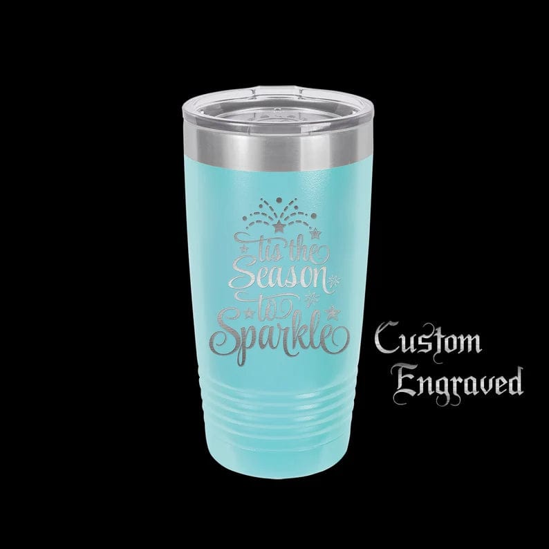 The Designcraft Studio Mugs Light Blue Tis the Season to Sparkle Travel Mug, Stainless Steel, Powder Coated, Gifts for Her, Christmas Mug, Polar Camel, Engraved, Coffee Mug