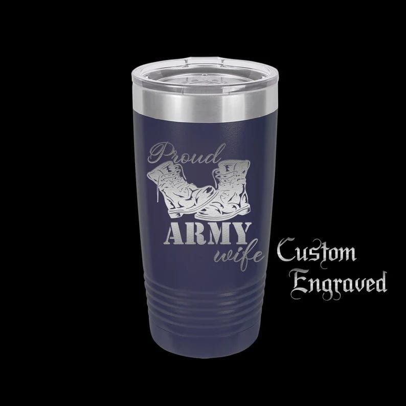 The Designcraft Studio Mugs Navy Blue Proud Army Wife Tumbler Travel Mug, Stainless Steel, Powder Coated Tumbler, Polar Camel, Engraved Coffee Mug, Personalized Tumbler