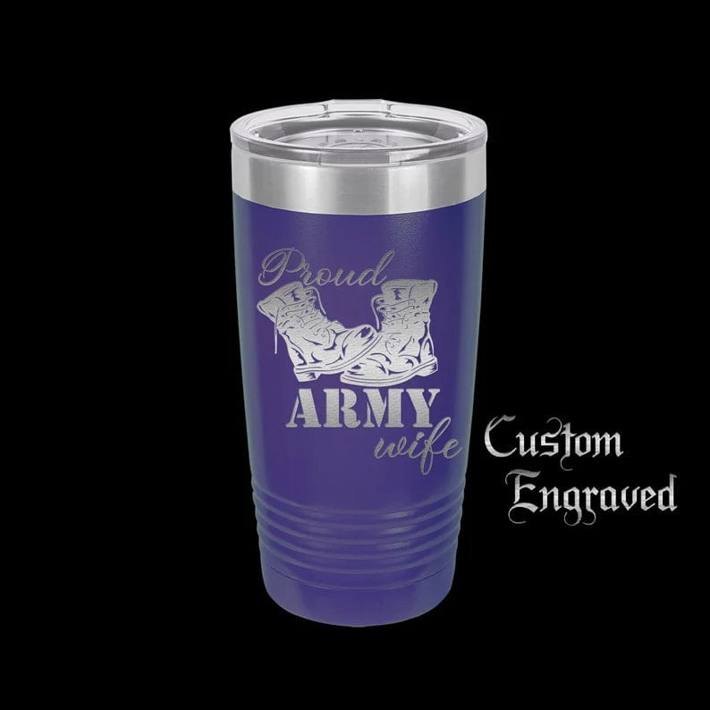 The Designcraft Studio Mugs Purple Proud Army Wife Tumbler Travel Mug, Stainless Steel, Powder Coated Tumbler, Polar Camel, Engraved Coffee Mug, Personalized Tumbler