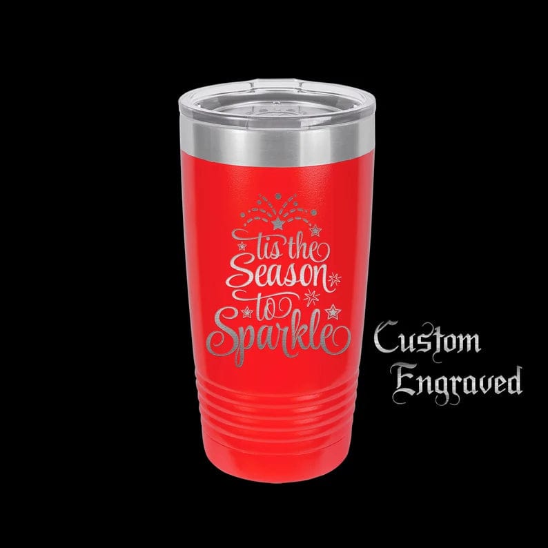 The Designcraft Studio Mugs Red Tis the Season to Sparkle Travel Mug, Stainless Steel, Powder Coated, Gifts for Her, Christmas Mug, Polar Camel, Engraved, Coffee Mug