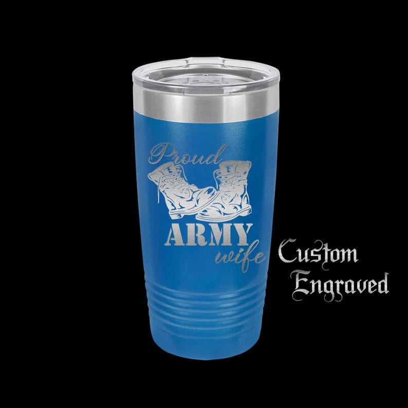 The Designcraft Studio Mugs Royal Blue Proud Army Wife Tumbler Travel Mug, Stainless Steel, Powder Coated Tumbler, Polar Camel, Engraved Coffee Mug, Personalized Tumbler