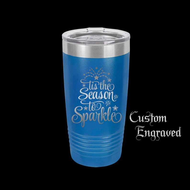 The Designcraft Studio Mugs Royal Blue Tis the Season to Sparkle Travel Mug, Stainless Steel, Powder Coated, Gifts for Her, Christmas Mug, Polar Camel, Engraved, Coffee Mug