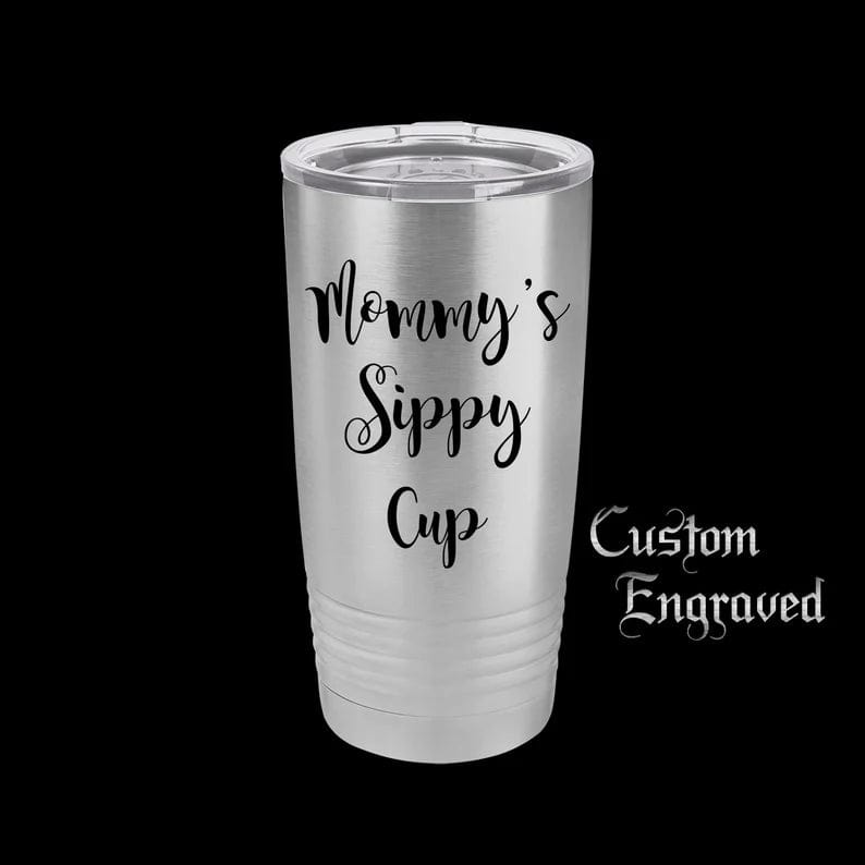 The Designcraft Studio Mugs Silver Mommy's Sippy Cup Travel Mug, Stainless Steel, Powder Coated Tumbler, Polar Camel, Engraved, Coffee Mug, Mom Gift