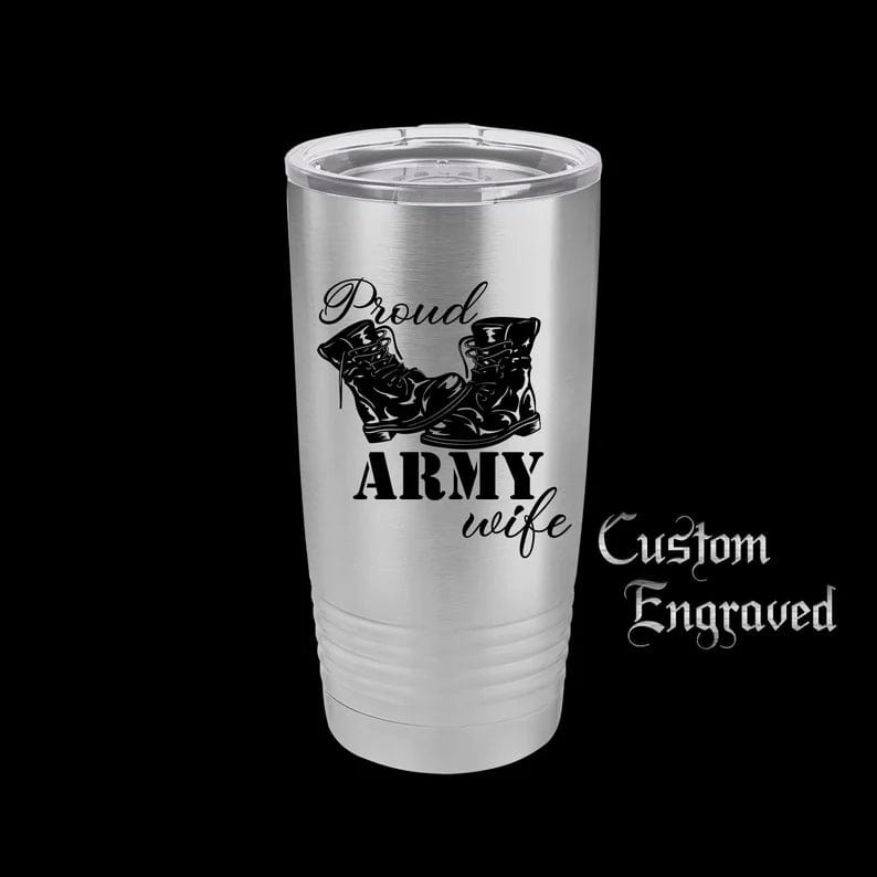 The Designcraft Studio Mugs Silver Proud Army Wife Tumbler Travel Mug, Stainless Steel, Powder Coated Tumbler, Polar Camel, Engraved Coffee Mug, Personalized Tumbler