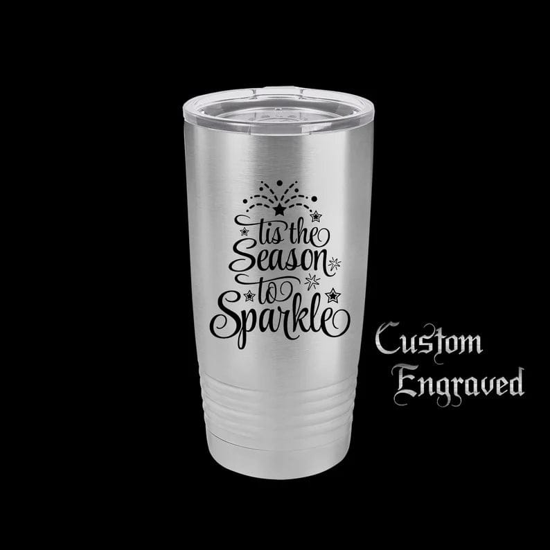 The Designcraft Studio Mugs Silver Tis the Season to Sparkle Travel Mug, Stainless Steel, Powder Coated, Gifts for Her, Christmas Mug, Polar Camel, Engraved, Coffee Mug