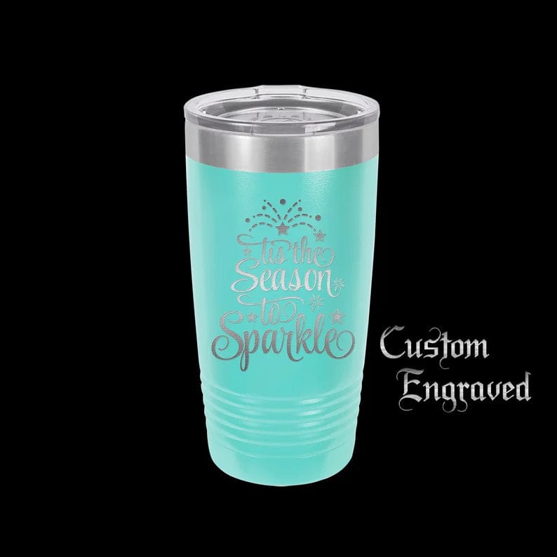 The Designcraft Studio Mugs Teal Tis the Season to Sparkle Travel Mug, Stainless Steel, Powder Coated, Gifts for Her, Christmas Mug, Polar Camel, Engraved, Coffee Mug