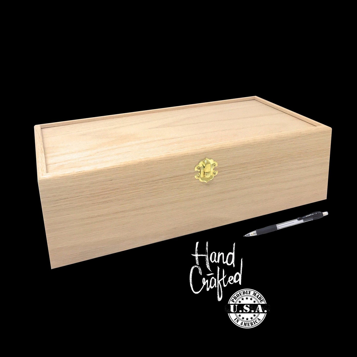 The Designcraft Studio Oak add Latch / Gold Unfinished Wood Box with Hinges and Latch 13 3/4 x 7 1/4 x 4 - Personalized Laser Engraving Available