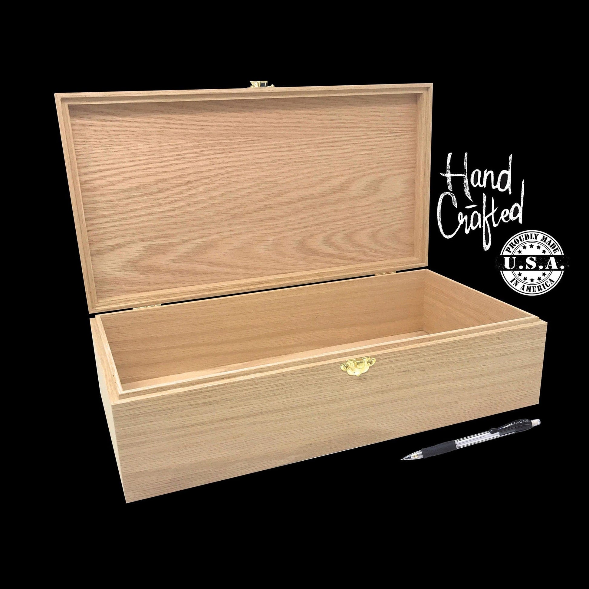 The Designcraft Studio Oak with Hinges / Gold Unfinished Wood Box with Hinges and Latch 13 3/4 x 7 1/4 x 4 - Personalized Laser Engraving Available