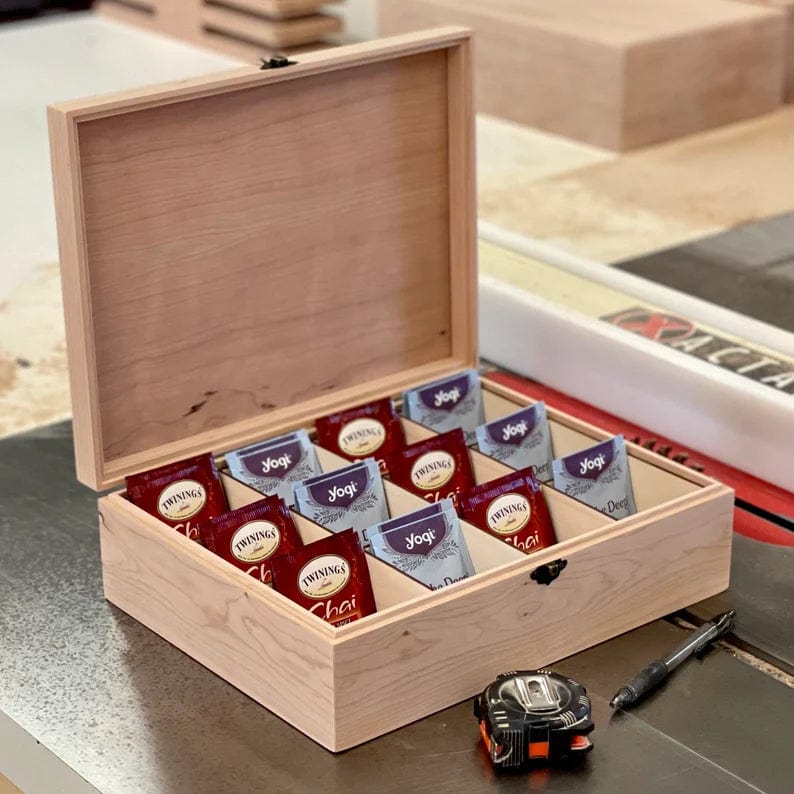 Personalized Wooden Tea Box with 8 compartments. Leaves and branches Decor.