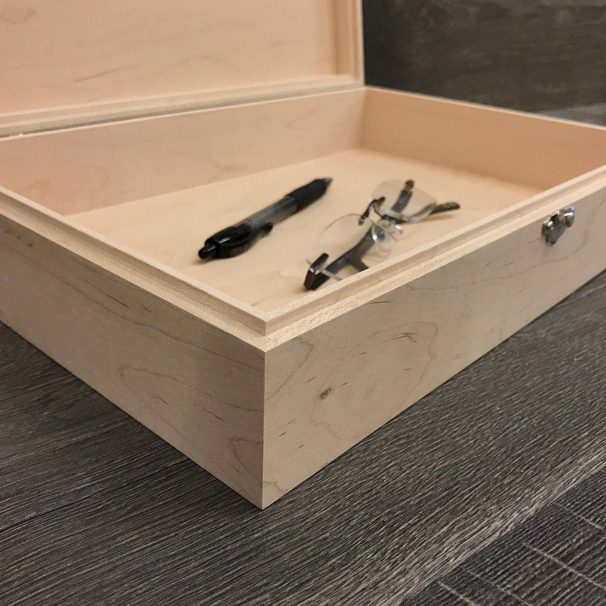 The Designcraft Studio Unfinished Wood Box with Hinge and Latch 13 x 9 x 3 Personalized Laser Engraving Available