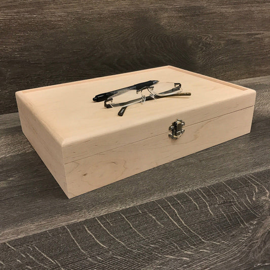 The Designcraft Studio Unfinished Wood Box with Hinge and Latch 13 x 9 x 3 Personalized Laser Engraving Available